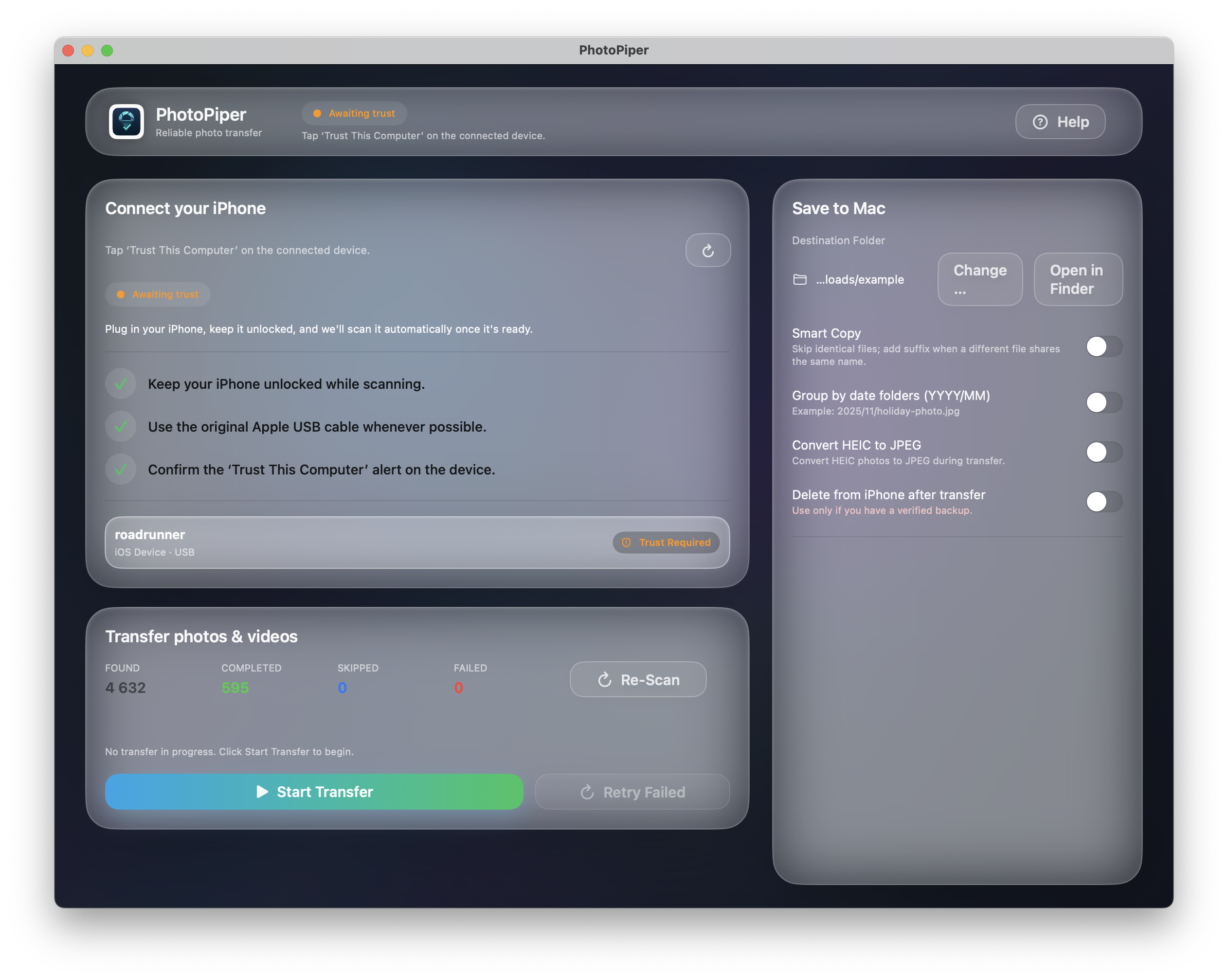 PhotoPiper UI showing transfer progress with indexed, completed, skipped, and failed counters